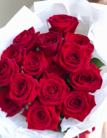 Розы красные в белом оформлении (Россия, 15 шт) №1238